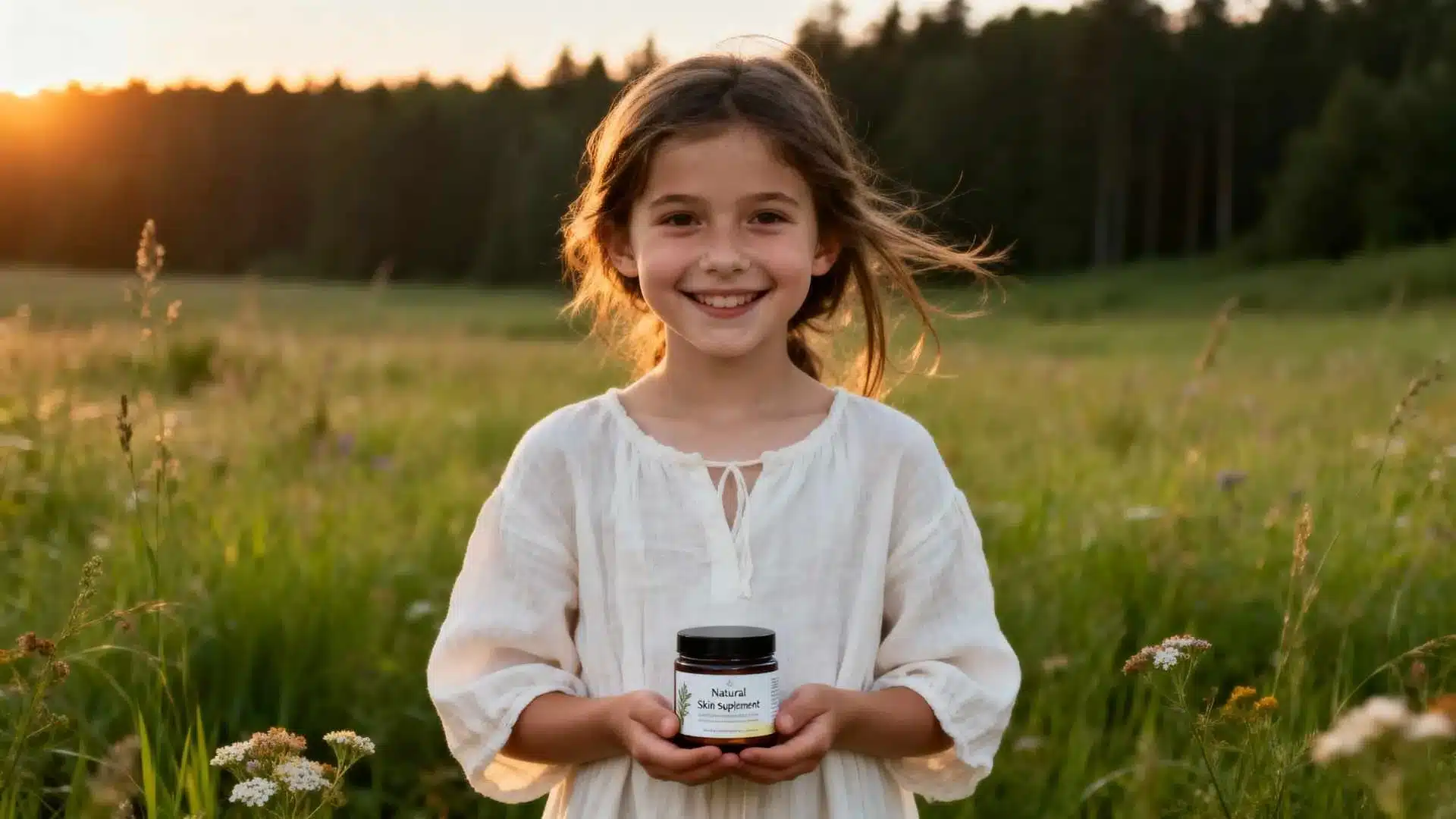 Integratori naturali per la pelle - bambina che sorride con vasetto di integratori in mano